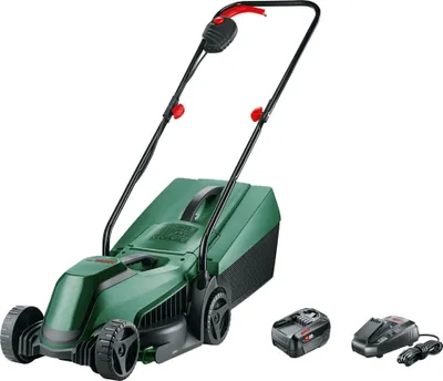 A cordless lawnmower with two batteries and a charger, shown against a white background.