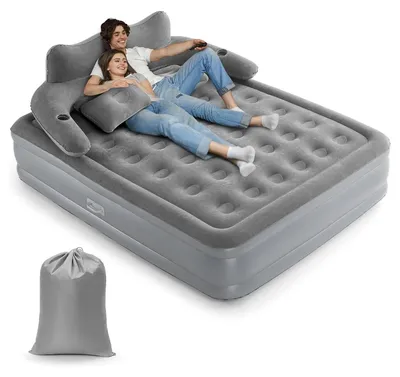 Zdjęcie produktu dla Materac dmuchany dla 2 osób – samopompujący materac podwójny – wbudowana pompa – 195 x 150 x 40 cm – do biwakowania i do domu – szary