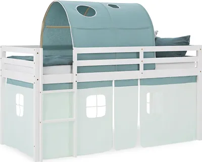 Image de Lit superposé 90x200 cm Lit mezzanine en Bois Pin Massif Lit d'enfant Cadre de Lit Tunnel Rideau Vert
