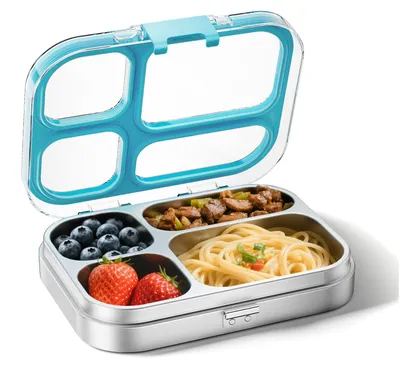 Produktbild von Edelstahl-Lunchbox für Kinder, 800 ml, Metall-Bento-Box mit 4 Fächern, auslaufsicher, geeignet für Kindergarten, Kita, Schule, Lunchbox, Snackbox, Lunchbehälter, spülmaschinenfest, blau