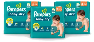 Zdjęcie produktu dla 3 sztuki pieluch dla niemowląt Pampers Baby-Dry, rozmiar 3 (6-10 kg) - opakowanie ekonomiczne