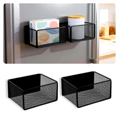 Produktbild von 2 Stück Magnetische Ablage für Kühlschrank, Gewürzregal ohne Bohren für Küchen Organizer Aufbewahrung (Schwarz)