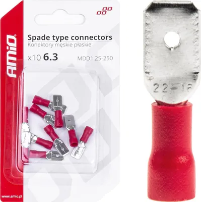Imagen del producto de Conectores aislados macho planos 6.3 mm 0.5-1.5 mm2 10A 10 uds. AMIO-03066