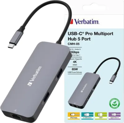 Zdjęcie produktu dla Verbatim CMH-05, USB Type-C, HDMI, RJ-45, USB 3.2 Gen 1 (3.1 Gen 1) Type-C, USB Type-C, 5000 Mbit/s, 60 Hz, Srebrny, Kopolimer akrylonitrylo-butadieno-styrenowy (ABS), Aluminium