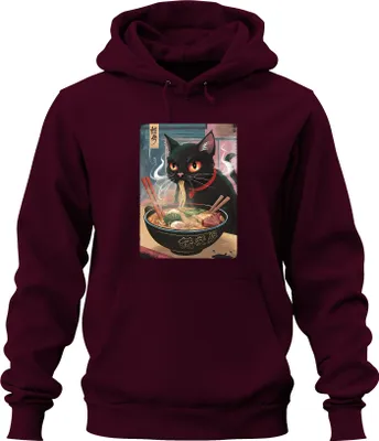 Produktbild von Schwarze Katze Ramen Nudelsuppe Japanisch Kawaii Anime Neko Chibi Uni Hoodie Kapuzenpullover, Burgundy, M