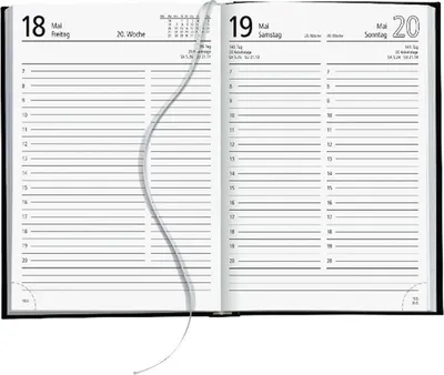 An open diary or planner showing two pages with a ribbon bookmark.