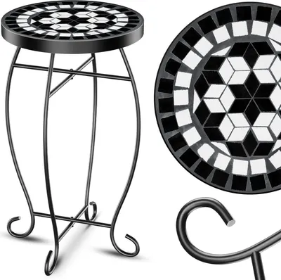 A black metal mosaic side table with a black and white patterned top.