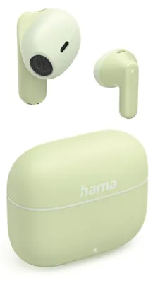 A pair of light green wireless earbuds and their charging case are displayed against a white background.