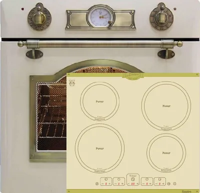 A close-up view of a retro-style electric oven with an induction cooktop overlay.