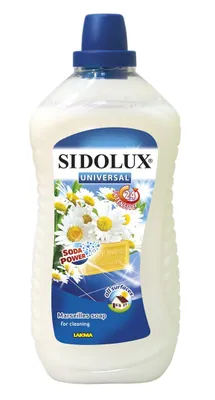 A bottle of Sidolux Universal cleaning liquid with chamomile and Marseille soap.