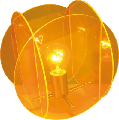 A close-up view of an orange decorative table lamp with a visible light bulb.