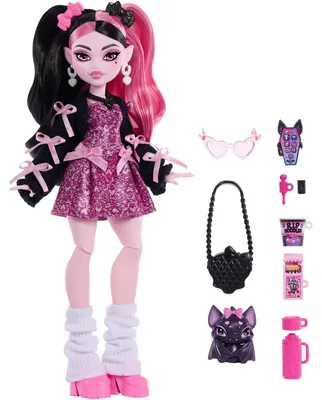 Produktbild von Monster High Draculaura-Modepuppe in Schleifenkleid mit Fledermaus Count Fabulous und 7 Zubehörteilen, Modepuppe, Weiblich, 4 Jahr(e), Mädchen, 285,7 mm, Mehrfarbig