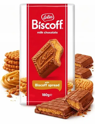 Produktbild von Lotus Biscoff Milchschokolade mit knusprigen Biscoff Keksstückchen 180 g + Heartforcards Versandschutz