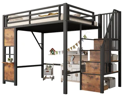 Produktbild von Hochbett, 140 x 200 cm, Eisenrahmen, Ablageleiter, offener Stauraum unter dem Bett, Fenstergestaltung, icherheitsgeländer, ohne Matratze, schwarz