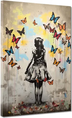 Produktbild von Street Art Mädchen mit Schmetterlingen Leinwandbild Wandbild Kunstdruck XL: 60x80x2cm