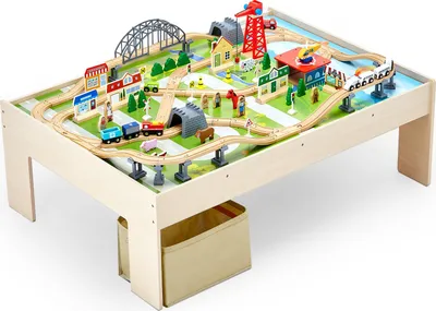 Produktbild von VEVOR Holz Aktivitätstisch, 120-teilig, mit zusammenklappbarem Aufbewahrungsbehälter, 3-in-1-Eisenbahn-Set zum Spielen, Malen, Lesen, Essen, kreatives Spielzeug-Set für Kinder ab 3 Jahren