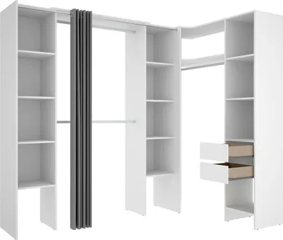 A white modular wardrobe system with shelves and drawers, partially obscured by a gray curtain.