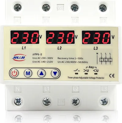 Obrázok produktu pre Trojfázová ochrana proti prepätiu a podpätiu, automatické zotavenie, nastaviteľný trojfázový voltmeter, 63 A, 380 V, montáž na DIN lištu