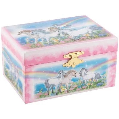 Produktbild von goki 15557 Musikspieldose Pferde, Melodie: Schwanensee 14,8 x 10,8 x 8,5 cm, feste Pappe, rosa/blau