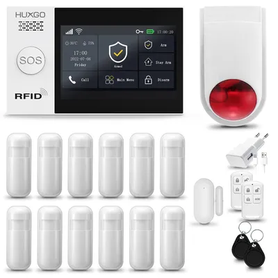 Immagine prodotto di HUXGO HXA007, sistema di allarme WiFi + GSM 4G con sirena wireless. Sistema di allarme con 12 sensori di movimento e 1 sensore per porte e finestre, ideale per appartamenti e case
