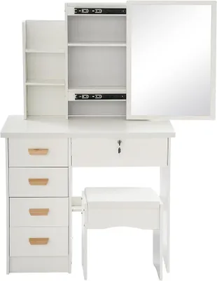 Produktbild von , Schminktisch Weiß Schlafzimmermöbel Vanity Set Frisiertisch mit 5 Schubladen 100KG für Schlafzimmer Erwachsene Frauen Mädchen