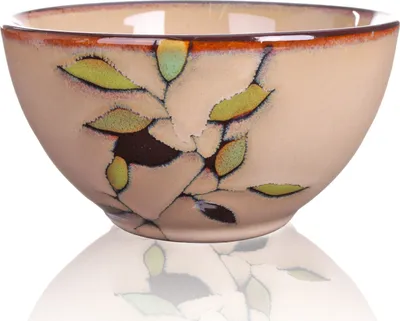 Zdjęcie produktu dla Czarka do matchy "Bamboo" – ręcznie robiona japońska miseczka ceramiczna, 210 ml, kremowobrązowa z motywem bambusa, błyszcząca i elegancka