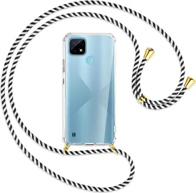 Produktbild von Handykette Backcover-Schutzhülle mit Band (Metall goldfarben) für Realme C21 (RMX3201) - schwarz/weiß gestreift