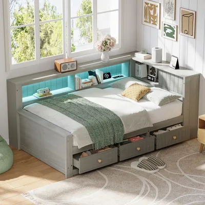 Produktbild von Flieks Jugendbett 90x200cm mit 3 Schubladen und Ablagen, Schlafsofa Tagesbett mit Led und Ladefunktion, Kinderbett Holzbett mit Lattenrost, Grau