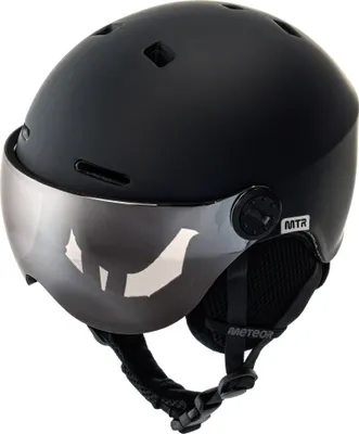 A black ski helmet with a silver visor is shown against a white background.