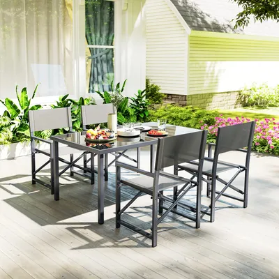 Produktbild von SUGIFT Gartenmöbel-Set 5-teilig, 4 Personen, klappbare Stühle & Glastisch, Stahlrahmen pulverbeschichtet, Grau | 150 x 90 x 72 cm | 25 kg | Texteline-Sitz