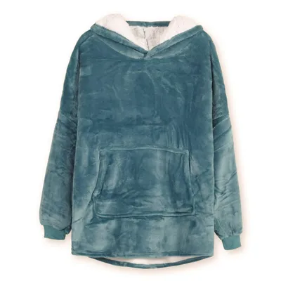 A teal fleece hoodie with a white fuzzy lining and a large front pocket, shown flat against a white background.