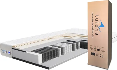 A cross-section of a mattress is shown next to its packaging.