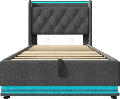 Produktbild von Flieks Polsterbett 90x200cm mit Ladefunktion (USB&Typ-c), Jugendbett Einzelbett Stauraumbett mit LED, Hydraulisches Boxspringbett, Leinen, Grau