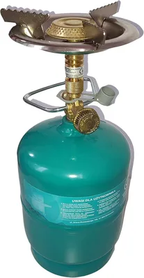 A camping stove set with a gas cylinder.