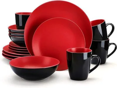 Image de Service de table en céramique, 16 pièces, rouge, peint à la main, pour 4 personnes