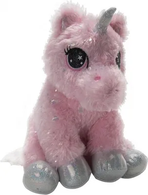A plush unicorn toy sitting down.