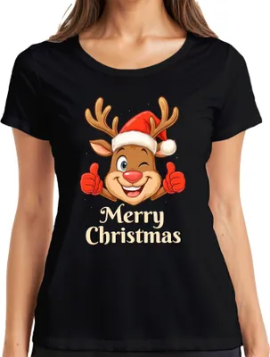 Produktbild von Merry Christmas niedlich Rentier Santa Hut Cartoon Familie Kinder Damen T-Shirt, Schwarz, L