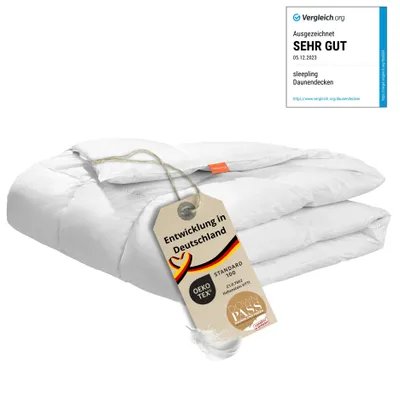 A folded white duvet on a white background with a tag attached.