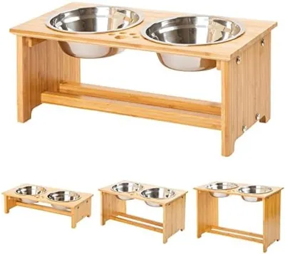Produktbild von PolkaHome® Erhöhter Futternapf für Haustiere – Bambusständer mit 2 Edelstahlnäpfen, 43 x 21 x 18 cm, Braun