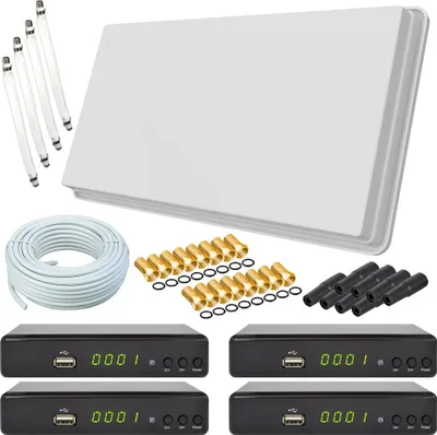 A collection of satellite TV equipment, including a flat antenna, receivers, cables, and connectors, arranged on a white background.