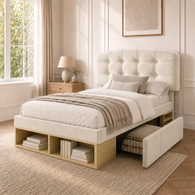 Image de Lit rembourré Flieks 90 x 200 cm avec tiroirs, lit simple avec rangements, lit pour adolescent ou enfant avec tête de lit réglable, velours, beige