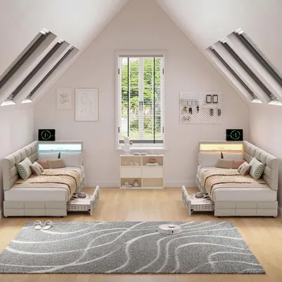 Obrázok produktu pre Rám postele ProximaX v tvare L, 90 x 200 cm, béžová ľanová látka, LED osvetlenie, USB nabíjací port, 2 zásuvky