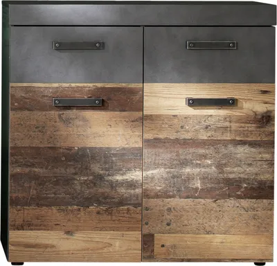 Image de Irwin Armoire à chaussures 2 portes et 2 tiroirs, finition Matera gris, style vieux bois.