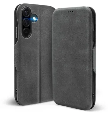 A gray flip case for a smartphone is shown from two angles against a white background.