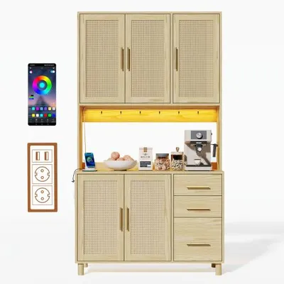 Produktbild von AIORBER Küchenanrichte Buffet mit LED Beleuchtung, Steckdosen & USB, Rattan, 3 Schubladen, Aufbewahrungsschrank, höhenverstellbar, Natur