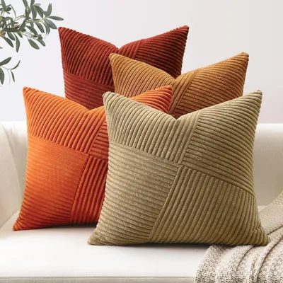 Productafbeelding van Cord kussenhoezen, set van 4, windmolenmotief, gestreept, kordsuède, 50x50 cm, bruin/roest