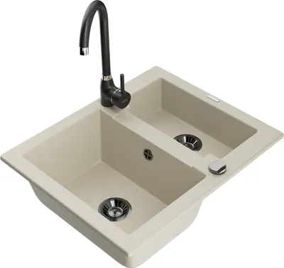 Zdjęcie produktu dla Mexen Carlos zlewozmywak granitowy 1,5-komorowy z baterią kuchenną Telma, beżowy - 6518-69-670200-70