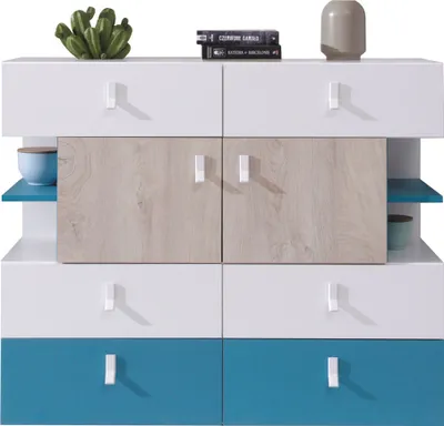 Produktbild von Kommode 110cm in weiß mit Eiche und blau, PITTSBURGH-133
