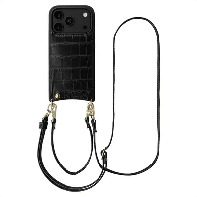 Produktbild von Selencia Nova Croco HandyHülle mit Kordel und Kartenhalter für das iPhone 17 Pro Max - Schwarz