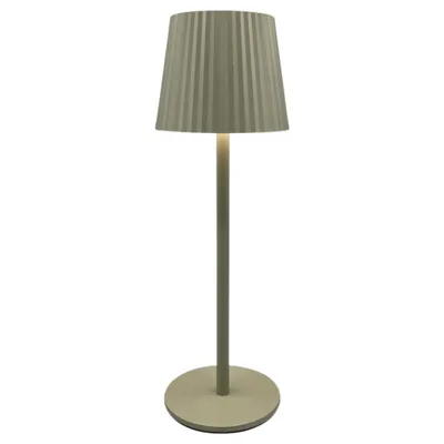 A table lamp with a pleated shade and a round base.